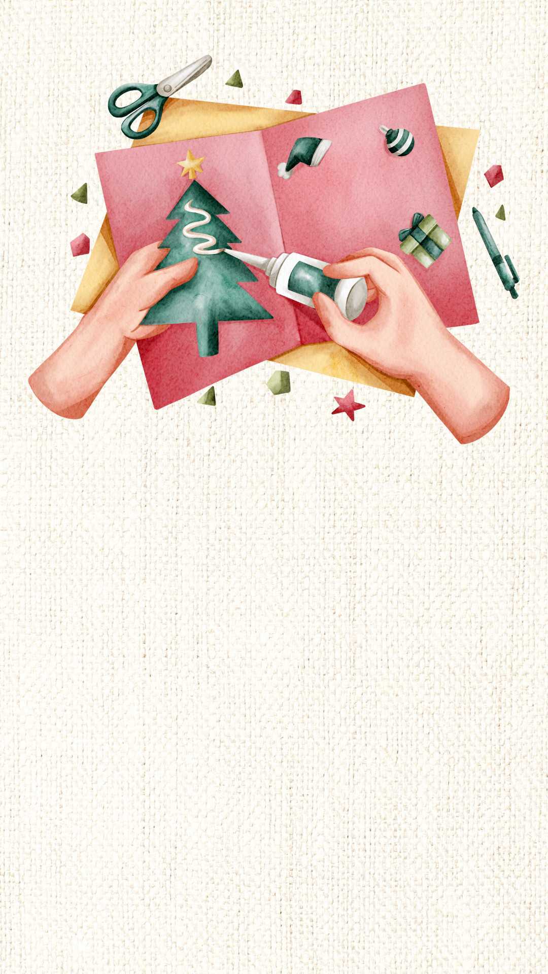 Kurse Homepage Hände gestalten eine Weihnachtskarte mit Tannenbaum, nebendran liegen Bastelutensilien wie Schere und Kleber