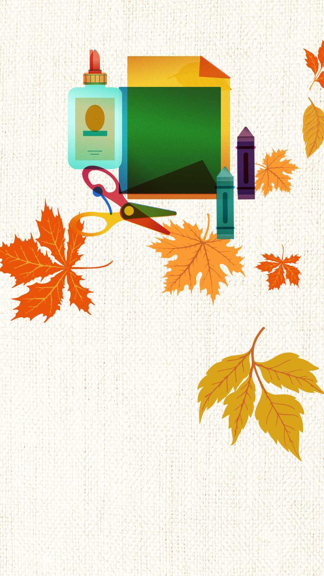 Kleber und Schere mit bunten Herbstblättern im Hintergrund