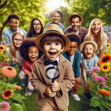 Ein Kind als Detektiv mit einem Strohhut und Lupe in der Hand