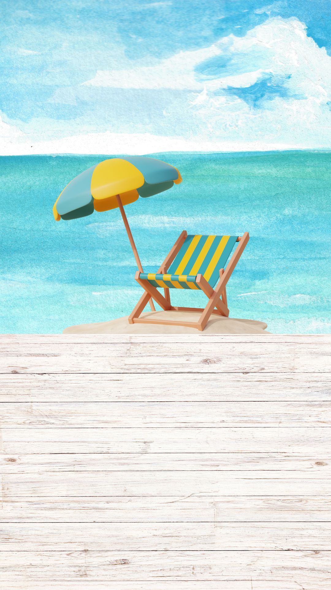 gezeichneter Strandstuhl und Sonnenschirm mit Meer im Hintergrund