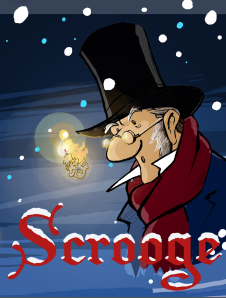 Scrooge Gezeichneter Mann mit Hut. Text im Bild: Scrooge