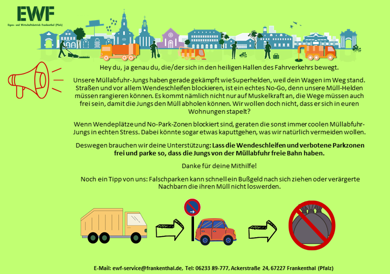 Hinweißzettel für Falschparker in Grün mit verschiedenen Motiven und der EWF Skyline