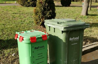 Zwei grüne Abfallbehälter am Straßenrand vor einer Grünfläche im WSC. Links ein 90L-Flüssigbehälter und rechts ein 240L-Feststoffbehälter.