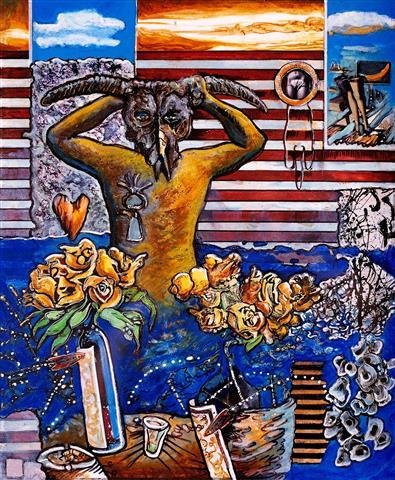 Zu sehen ist das Werk Stripes, ein Mynotaurus vor einer amerikanischen Flagge