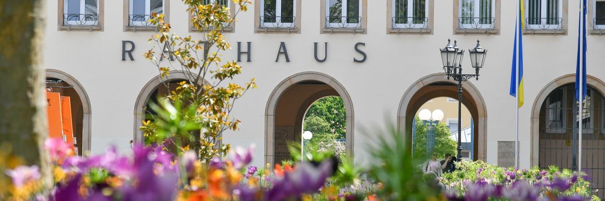 Bunte Blumenbeete vor dem Rathaus
