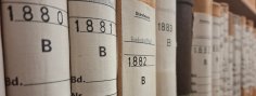 In einem Regal aufgereihte Geburtsregister im Stadtarchiv Frankenthal (Pfalz)