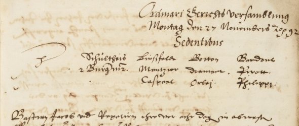 Seite aus einem Rats- und Gerichtsprotokollbuch, 1592 Seite aus einem Rats- und Gerichtsprotokollbuch, 1592