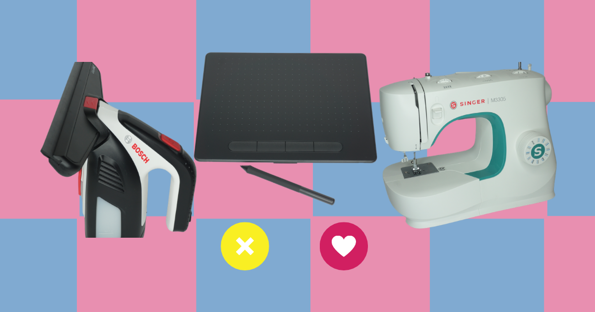 Bibliothek der Dinge Speeddating Zu sehen sind ein Grafik Tablet eine Nähmaschine und ein Fenstersauger.