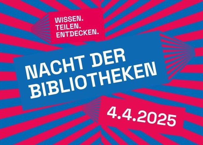 Nacht der Bibliotheken 2025 Plakat mit Schriftzug Nacht der Bibliotheken 4.4.2025 in blau mit pinken Streifen