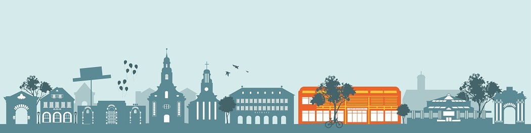 Skyline Stadtbücherei Frankenthal Darstellung der Silhouetten der wichtigsten Gebäude und Symbole von Frankenthal, wie z.B. Rathaus, Strohhut und Wormser Tor als Skyline in hellem und dunklen Türkis. Das Gebäude der Stadtbücherei ist in Orange dargestellt.