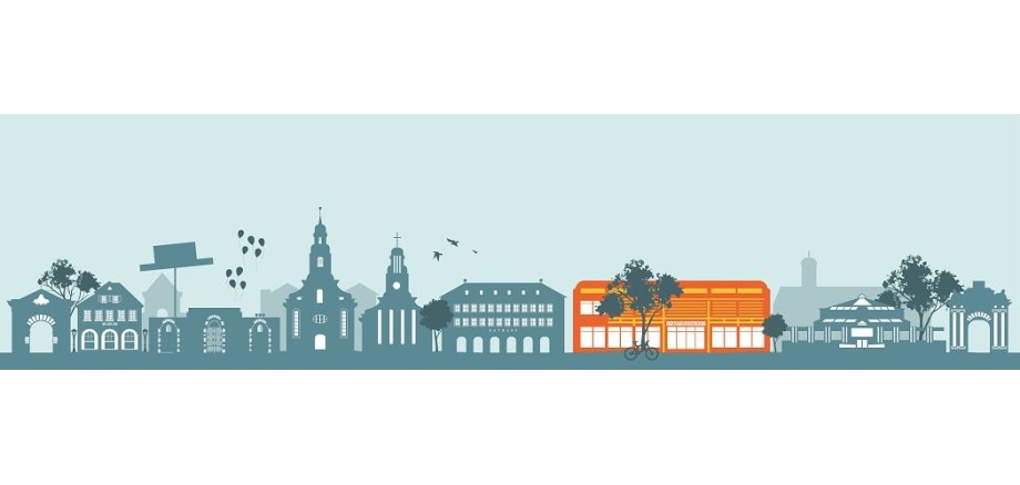 Darstellung der Silhouetten der wichtigsten Gebäude und Symbole von Frankenthal, wie z.B. Rathaus, Strohhut und Wormser Tor als Skyline in hellem und dunklen Türkis. Das Gebäude der Stadtbücherei ist in Orange dargestellt.