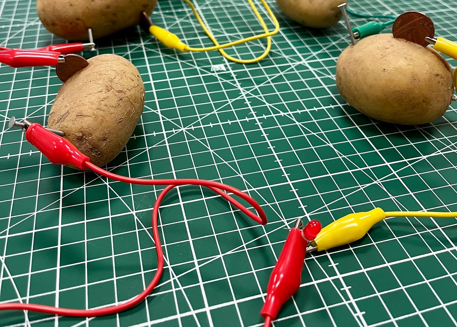 Maker Kurs Auf einer grünen Unterlage liegen 3 Kartoffeln, die mit Lüsterklemmen verbunden sind.