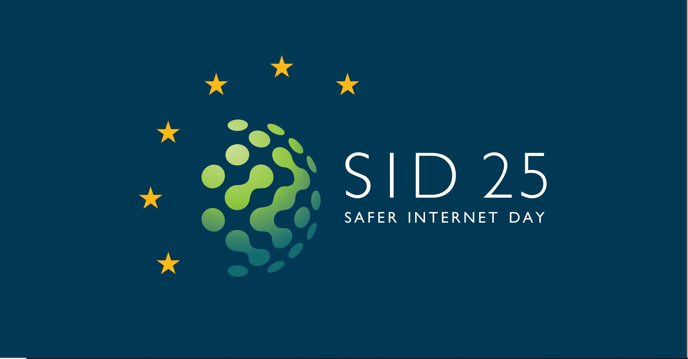 Keine Likes für Lügen! Logo. Auf dunkelblauem Hintergrund steht mit weißer Schrift SID 25 untendrunter Safer Internet Day und links daneben ist eine verpickselt Weltkugel in hellgrün