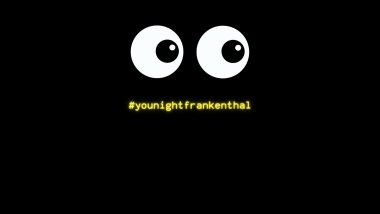 Zwei Kulleraugen vor schwarzem Hintergrund schauen suchend nach rechts. Darunter ein leuchtendgelber Schriftzug #younightfrankenthal.
