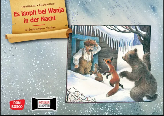 Kamishibai-Geschichte "Es klopft bei Wanja in der Nacht" Auf dem Cover-Bild klopfen Tiere bei Wanja an der Tür