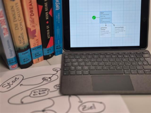 07_16_Lesesommerworkshop_Programmieren mit Twine Ein Tablet neben Büchern und einer Skizze