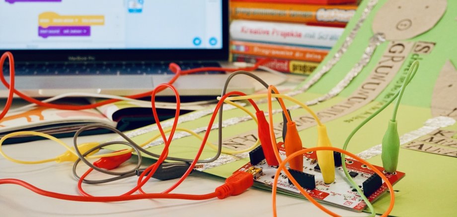 Im Vordergrund Kabel und Lüsterklemmen, im Hintergrund ein PC
