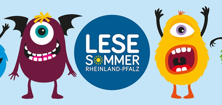 Auf blauem Hintergrund sind 4 Monster und in der Mitte steht in einem Kreis: Lesesommer Rheinland-Pfalz