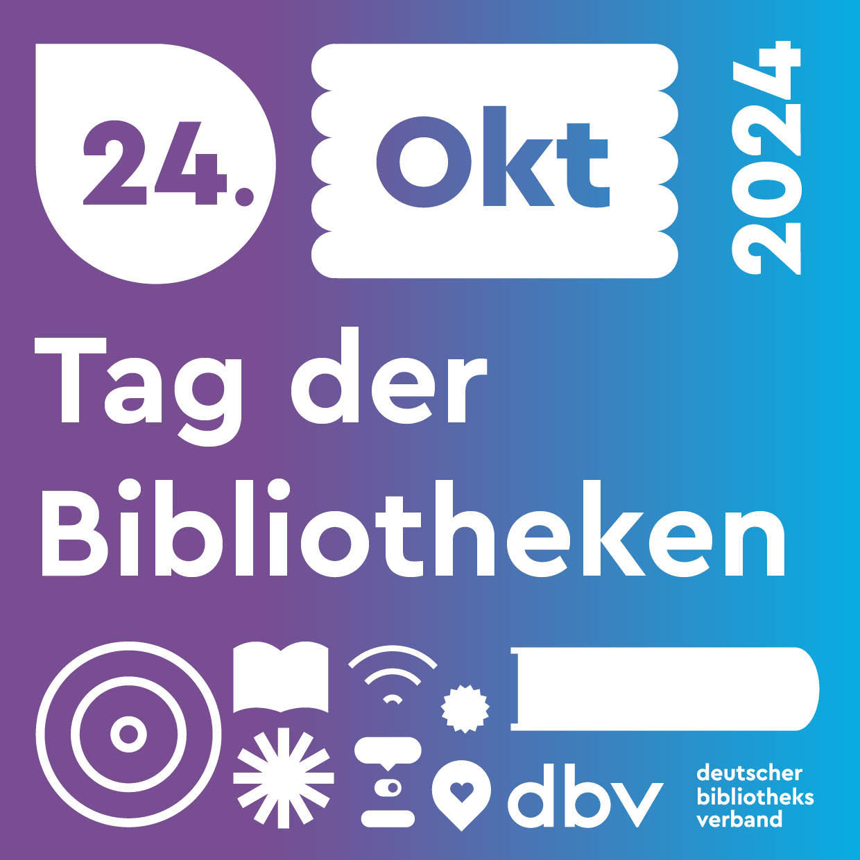 Logo Tag der Bibliotheken Logo mit Datum 24. Oktober 2024 und dem Schriftzug Tag der Bibliotheken auf lila und blauen Hintergrund