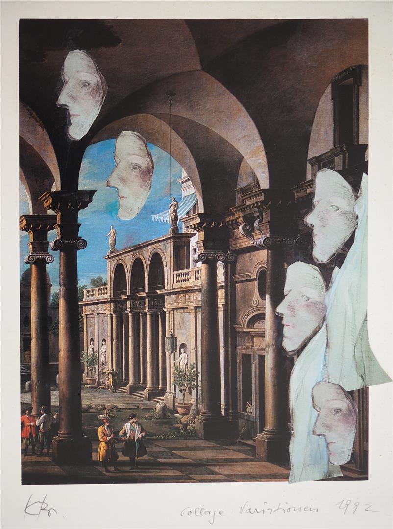 Karin Bruns, Collage: Variationen, 1992 Auf ein an Canaletto erinnerndes, italienisierendes Architekturstück brachte Karin Bruns fünf Darstellungen von Basler Larven auf, welche sie aus früheren Arbeiten übernahm. Die Masken rahmen die Architekturszene. Am rechten Bildrand befindet sich zudem eine Art Bühnenvorhang, welcher bewegt über den Bildrand hinausreicht.