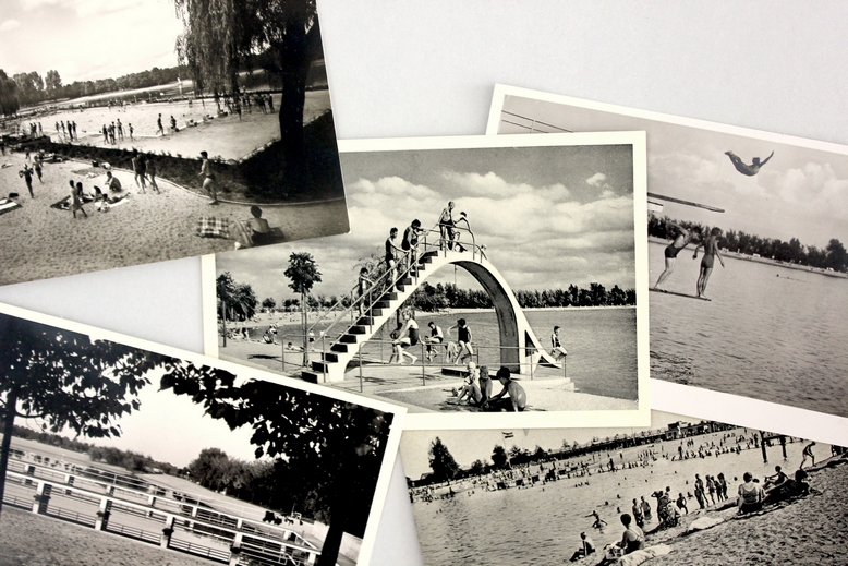 Sammlung Ansichtskarten Strandbad, v2 Sammlung von Postkarten mit historischen Ansichten des Frankenthaler Strandbads, schwarz-weiß