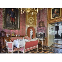 Der rote Salon mit einer gedeckten Kaffeetafel während der Die Ausstellung "Zerbrechliche Schönheiten" im Schloss Erbach