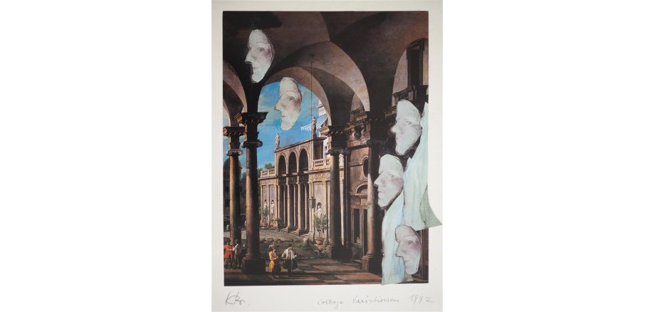 Auf ein an Canaletto erinnerndes, italienisierendes Architekturstück brachte Karin Bruns fünf Darstellungen von Basler Larven auf, welche sie aus früheren Arbeiten übernahm. Die Masken rahmen die Architekturszene. Am rechten Bildrand befindet sich zudem eine Art Bühnenvorhang, welcher bewegt über den Bildrand hinausreicht. 