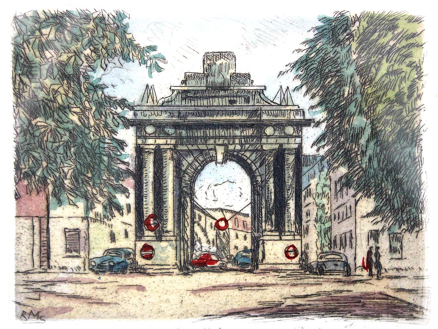 Kolorierte Radierung mit Ansicht des Speyerer Tors in Frankenthal (Pfalz) von Rudi Müllers.