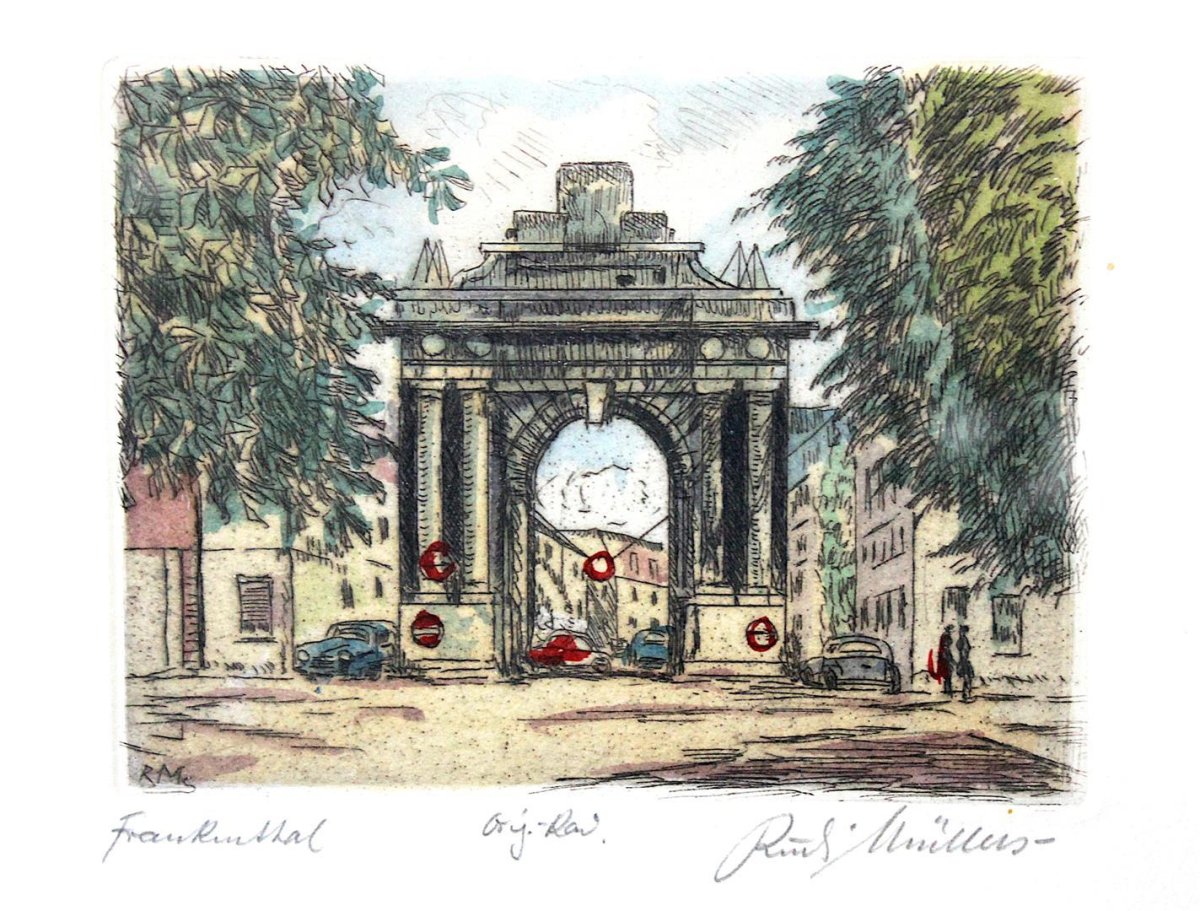 Kolorierte Radierung mit Ansicht des Speyerer Tors in Frankenthal (Pfalz) von Rudi Müllers.