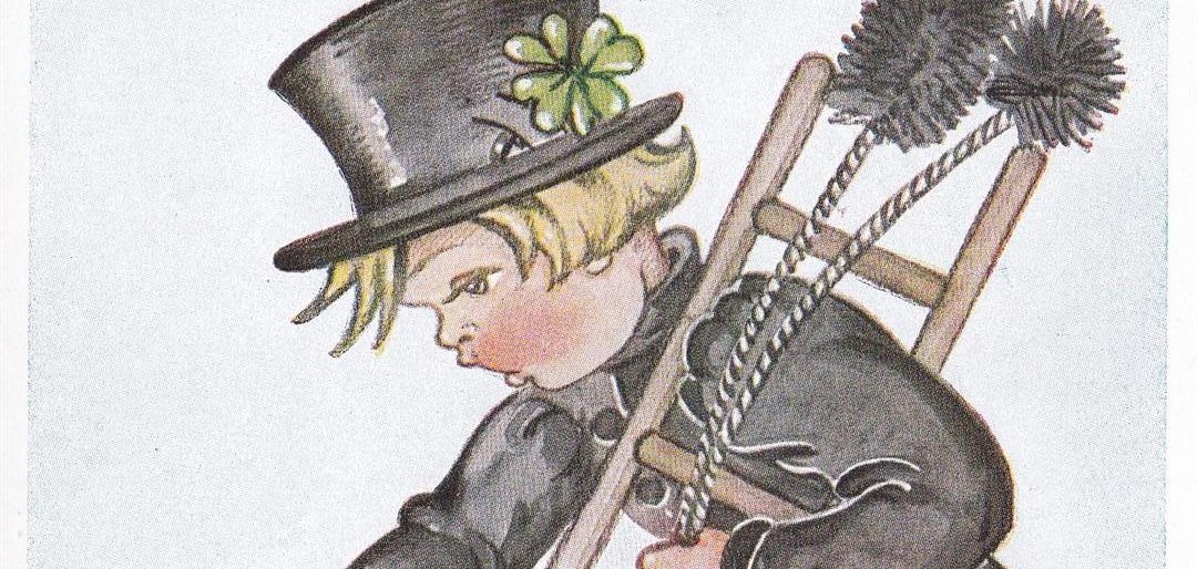 Postkarte mit Schornsteinfeger und Neujahrsgrüßen Postkarte mit der Darstellung eines Jungen als Schornsteinfeger mit Kleeblatt am Zylinder, der sich nach einem auf dem Boden vor ihm liegenden Hufeisen bückt. Darunter die Bildunterschrift "Viel Glück im Neuen Jahr !"