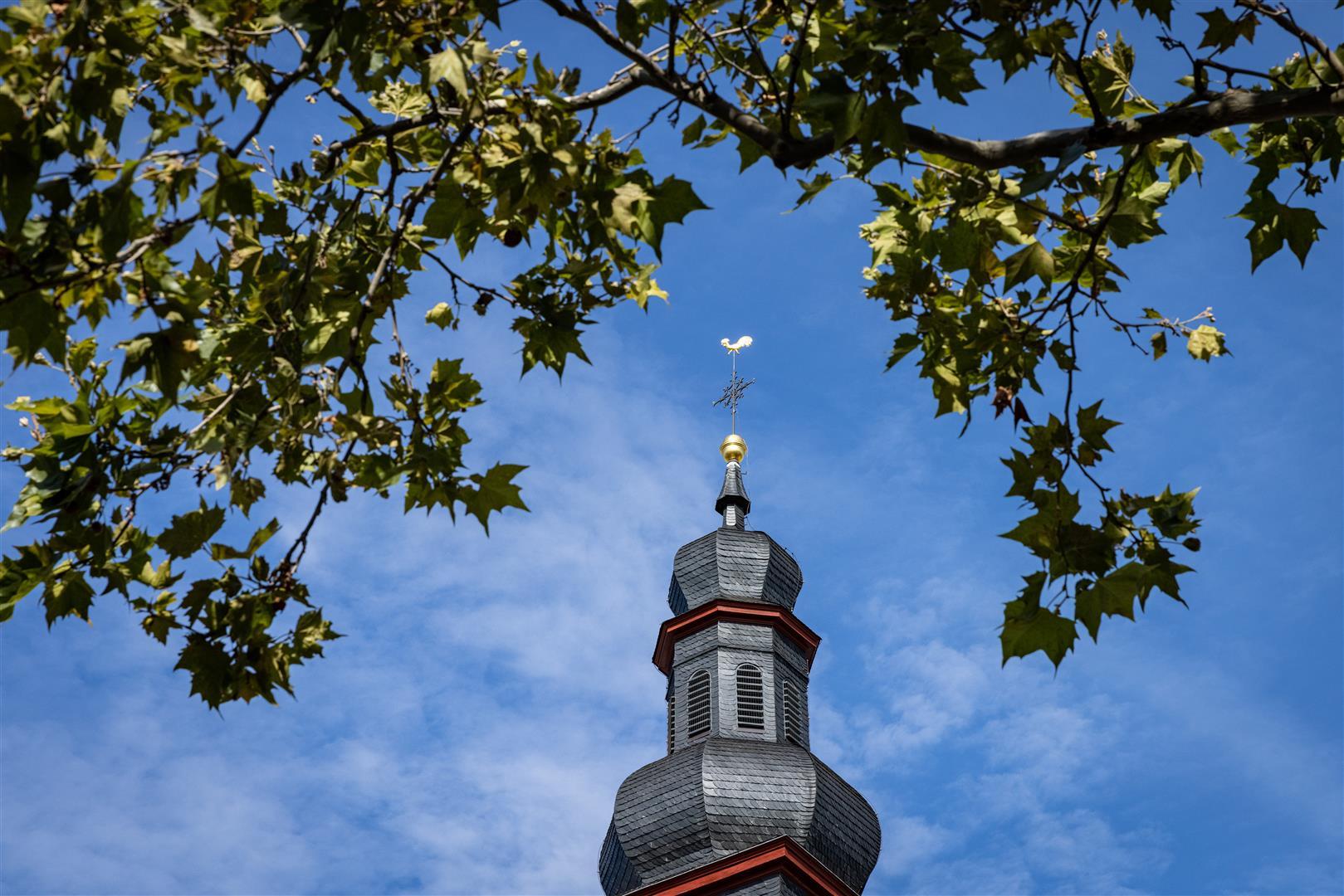 Kirchturm und Baum vor blauem Himmel