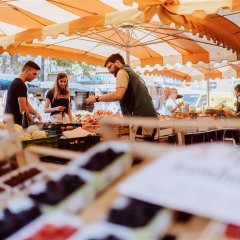 Blick auf Marktstand unter orange-weiß gestreiften Schirmen. Gespräch zwischen Standbetreiber und zwei weiteren Personen. Im Vordergrund verschiedene Sorten Beeren.