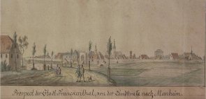 Zeichnung einer Landstraße mit Häusern und Menschen