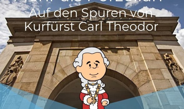 Digitale Schnitzeljagd durch Frankenthal Zeichentrickfigur eines Kurfürsten vor einem Stadttor