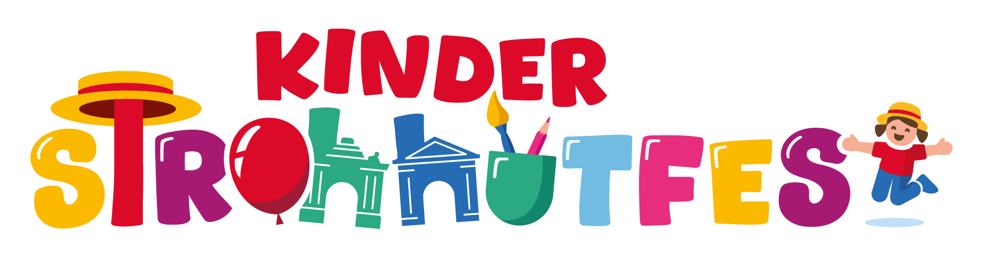 Kinderstrohhutfest Logo bestehend aus bunten Buchstaben und Motiven