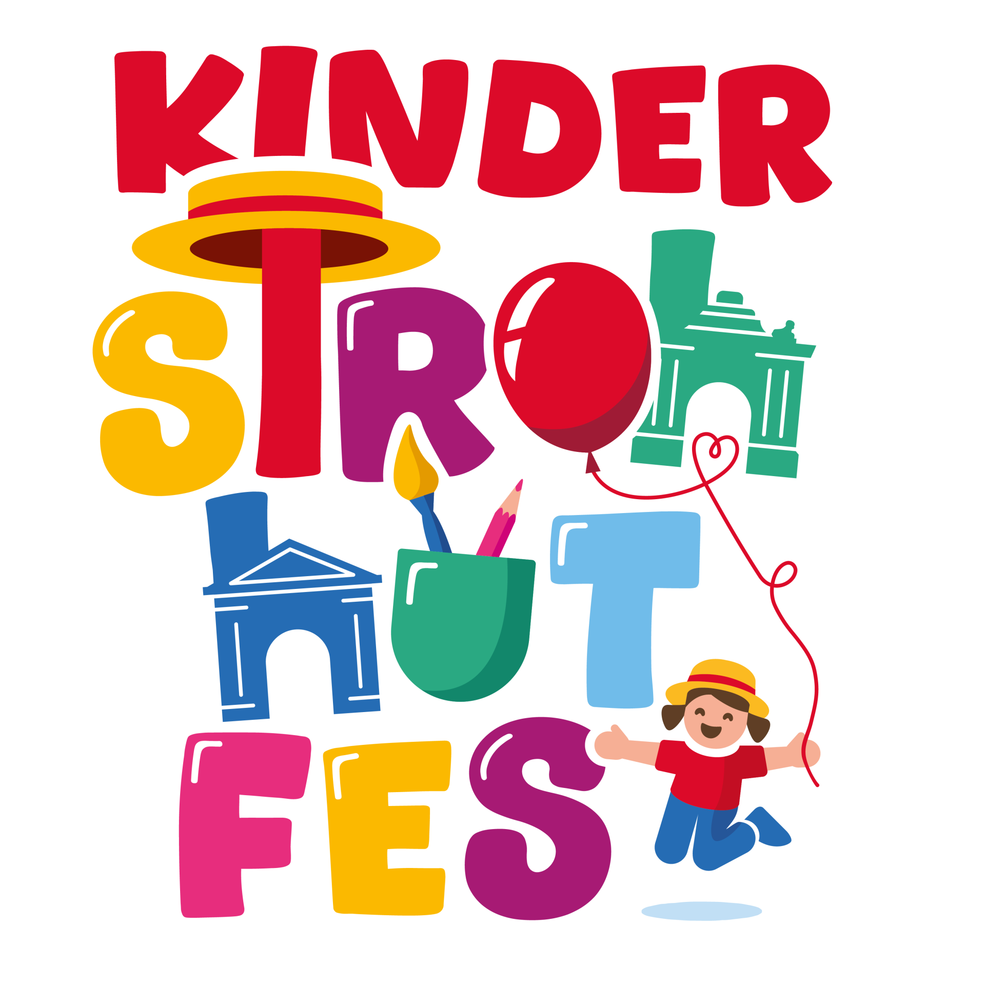 Kinderstrohhutfest Logo bestehend aus bunten Buchstaben und Motiven