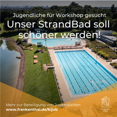 Freibad von oben. Text im Bild "Unser Strandbad soll schöner werden"