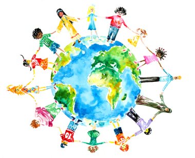 Zeichnung von Kindern, die im Kreis um die Erde stehen.