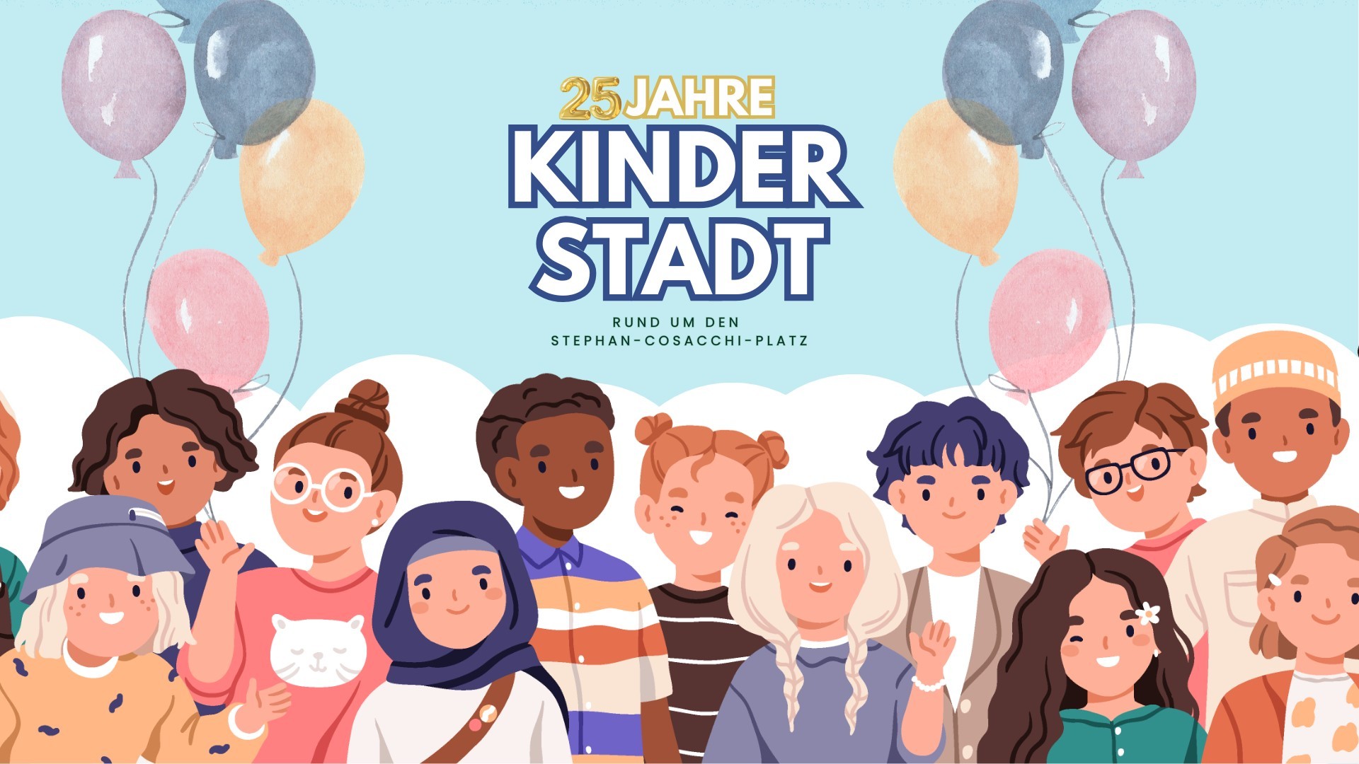 Kinder spielen auf einer Wiese am Himmel fliegen bunte Ballons
