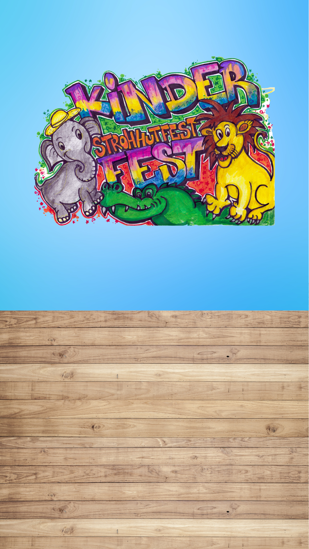 Löwe, Elefant mit Strohhut und Text Kinder-Strohhutfest