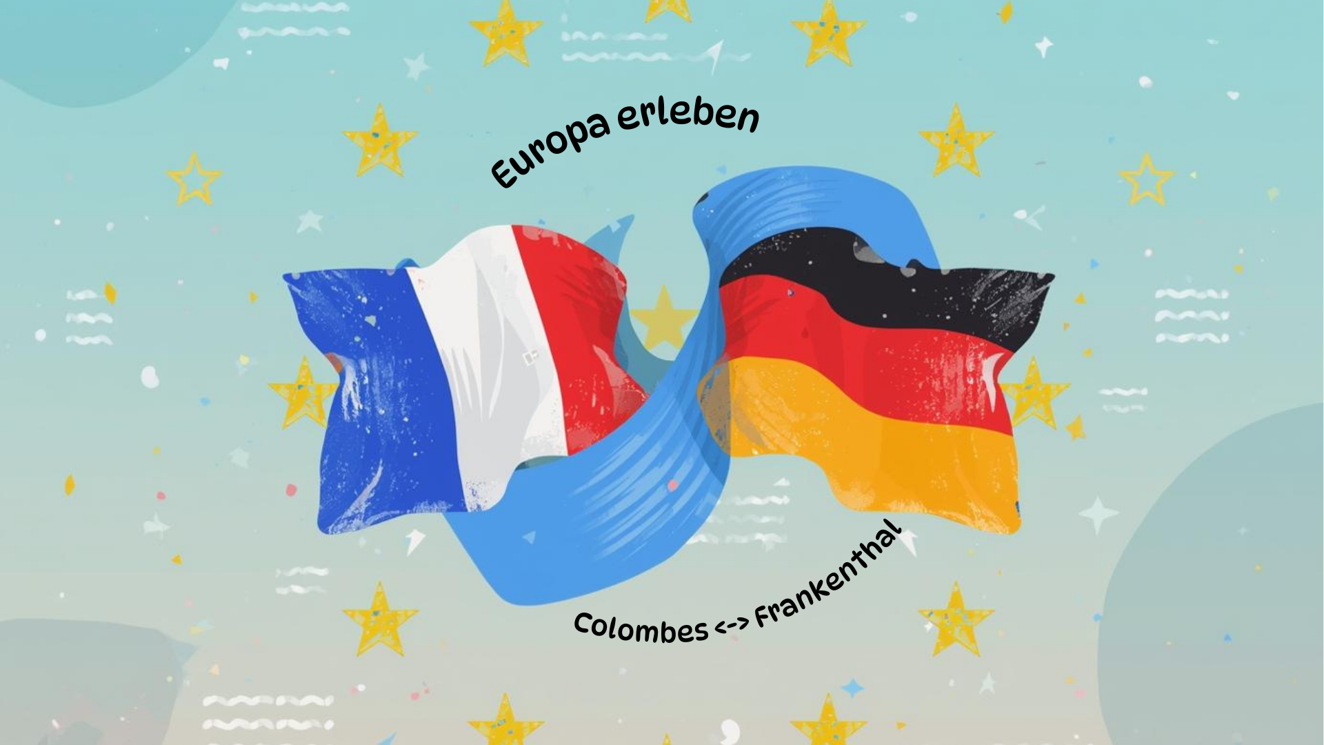 Flaggen von Frankreich und Deutschland neben einander, im Hintergrund Sterne, die Europa darstellen sollen