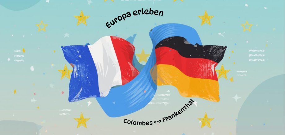 Flaggen von Frankreich und Deutschland neben einander, im Hintergrund Sterne, die Europa darstellen sollen