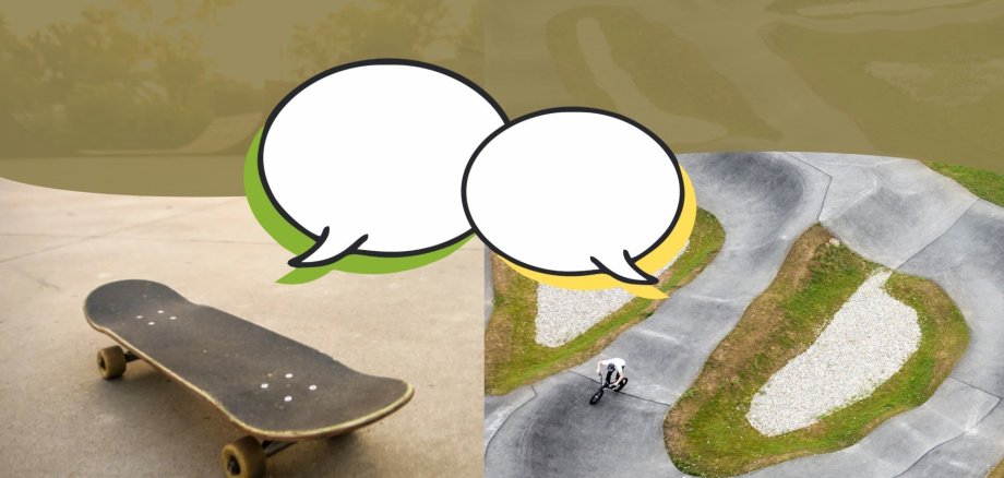 Bild von Skatepark und Pumptrack und in der Mitte zwei Sprechblasen ohne Text