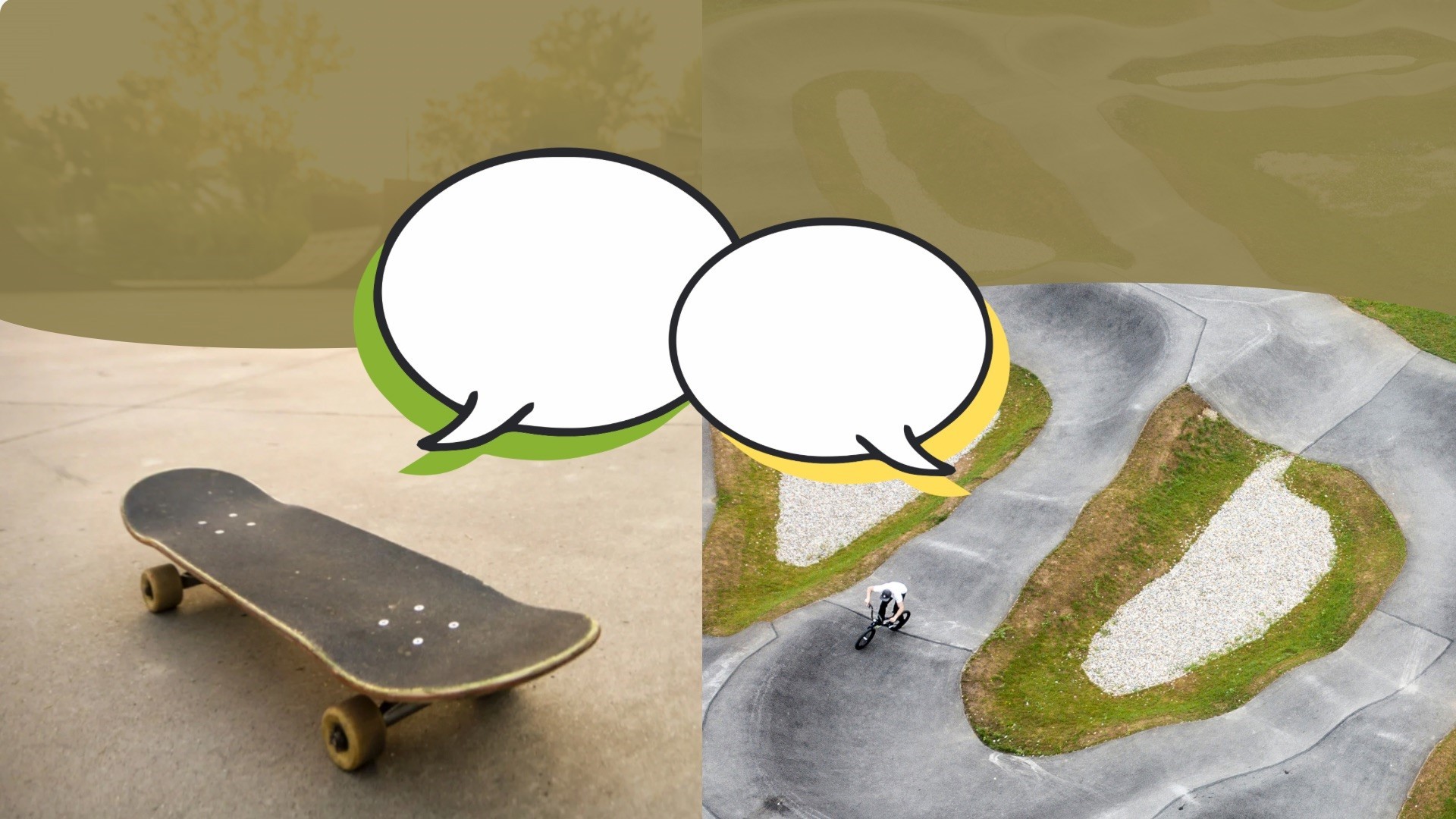 Bild von Skatepark und Pumptrack und in der Mitte zwei Sprechblasen ohne Text