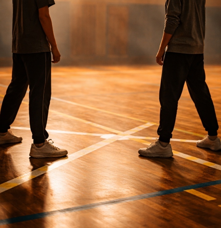 Zwei Kinder stehen sich in einer Turnhalle gegenüber