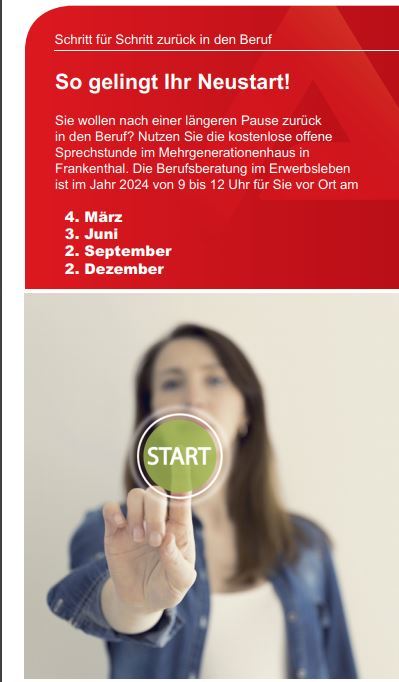Beratung zum Wiedereinstieg dritter Termin Es ist eine Frau mit brauen Haaren zu sehen. Sie streckt einen Arm aus, ihr Zeigefinger ist gestreckt, darüber ein grüner Kreis mit der Wort Start in Großbuchstaben