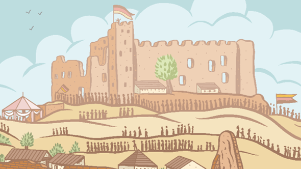 Zeichnung einer Burgruine mit Landschaft. Viele Menschen, der erste mit einer Deutschlandfahne laufen zur Burg.