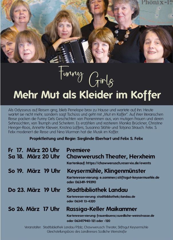 Funny Grils im oberen Teil sind die Bandmitglieder zu sehen, 8 Frauenköpfe und im unteren Teil die Aufführungstermine