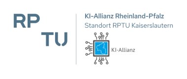 Links steht in Großbuchstaben RPTU und rechts KI-Allianz Rheinland-Pfalz Standort RPTU Kaiserslautern geschrieben darunter ein stilisierter schwarzblauer Microchip gezeichnet
