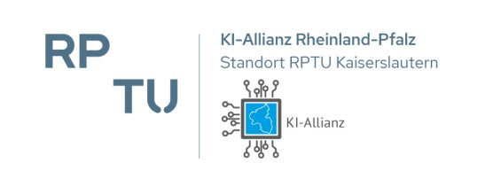 Links steht in Großbuchstaben RPTU und rechts KI-Allianz Rheinland-Pfalz Standort RPTU Kaiserslautern geschrieben darunter ein stilisierter schwarzblauer Microchip gezeichnet